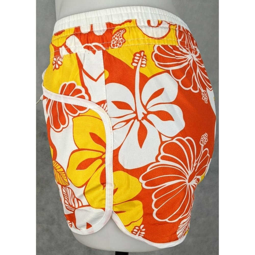 Women's Board Shorts Elastic Waist Yellow Floral Pockets White Trim - Picture 3 of 6